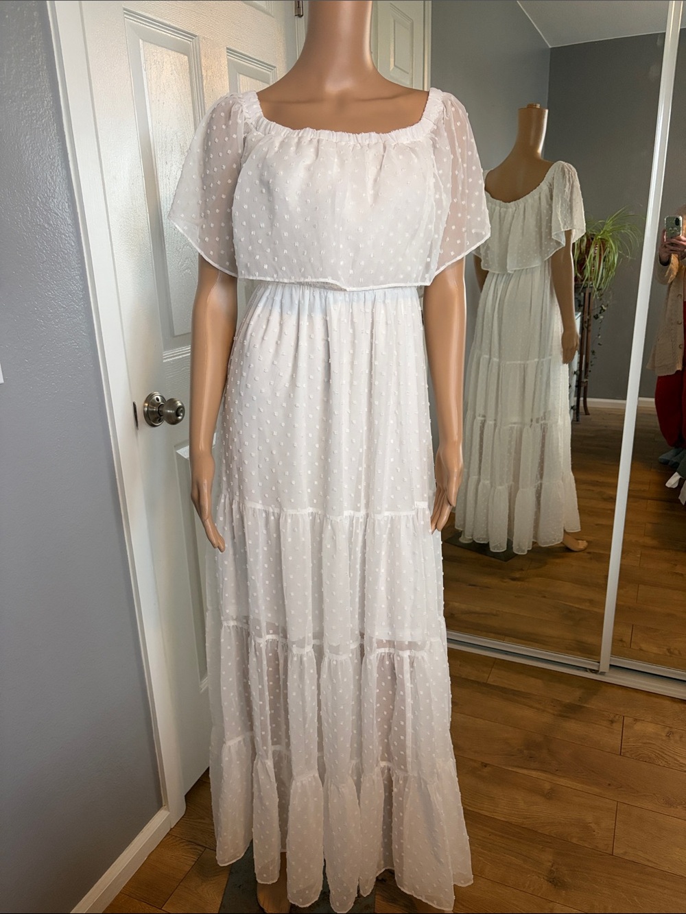 Baltic Born White Swiss Dot Maxi Dress with Ruffle Overlay